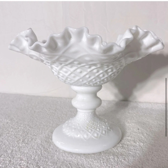 Vintage Fenton Milk Glass Hobnail Ruffle Edge Pedestal Compote Candle Holder - Picture 6 of 15